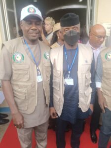 With Former Vice President of Nigeria, Prof. Yomi Osibanjo, during an international Election Observation to Sierra Leone, 2023.